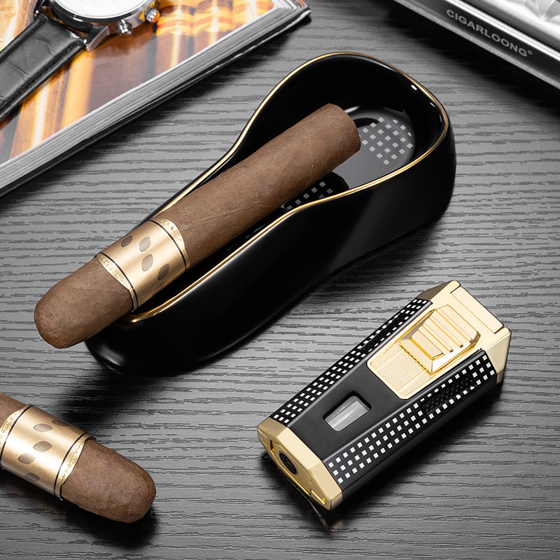 茄龙雪茄烟具套装便携出行两件套防风打火机陶瓷烟灰缸CT-25FZ3