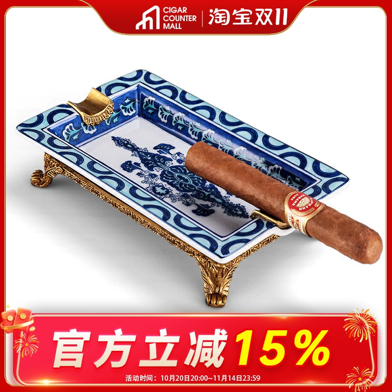 茄龙雪茄烟灰缸欧式复古青花瓷花纹铜质烟槽雕花底座大号装饰摆件