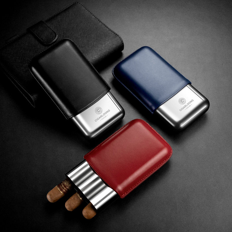 茄龙雪茄套牛皮革面料保湿雪茄套便携三支装礼盒包装送礼CLH-23LL
