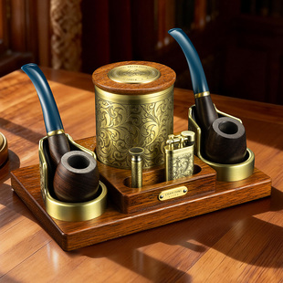 茄龙烟斗架套装多功能金属烟丝罐打火机压棒实木底烟斗托YDJ002-1