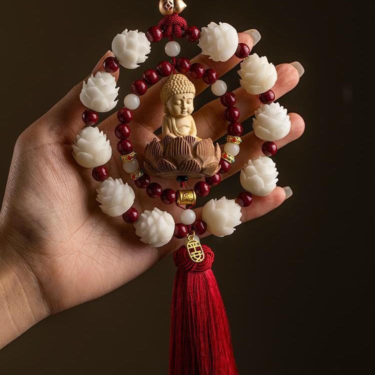 莲花汽车挂件圈圈好韵小佛车挂件汽车后视镜车内吊饰桃木车载挂件