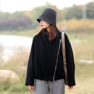 冬天新款女士毛呢外套冬季气质立领短款大衣黑色厚羊毛大衣女外套