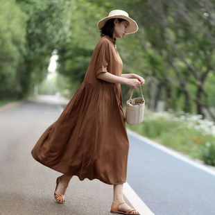 夏装新款松弛感女士裙子v领宽松气质连衣裙 微胖显瘦遮肉夏天长裙