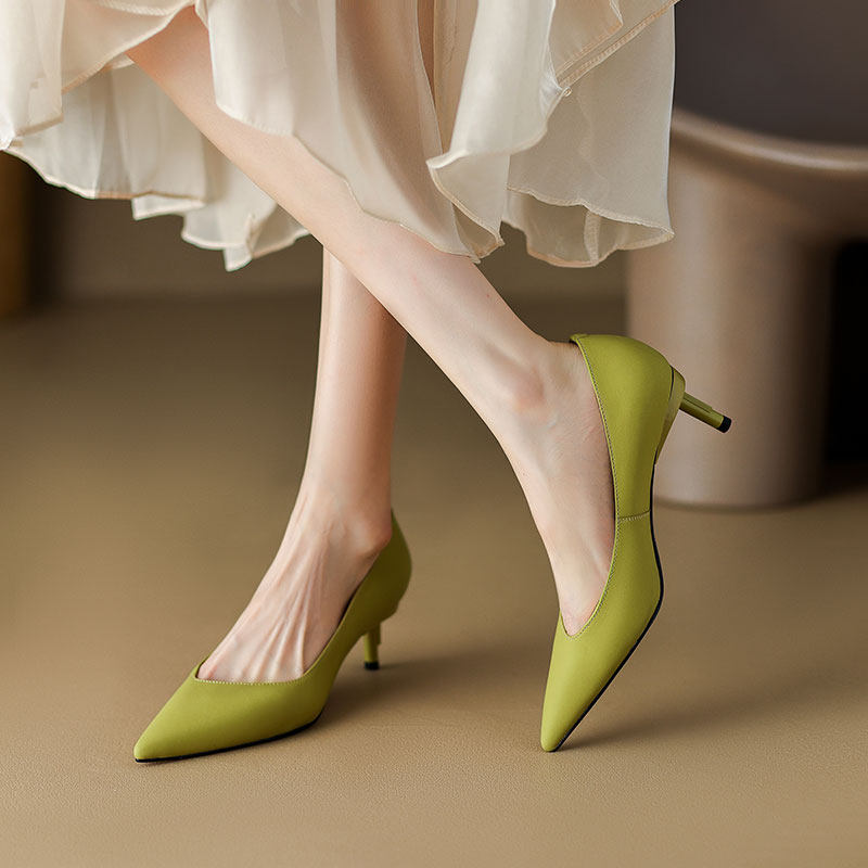 IOUYOH LIGHT BROWN SILK SHEEPSKIN HIGH HEELS WOMENS 2023 NEW VERSATILE POINTED TOE STILETTO OL SINGLE SHOES 7CM