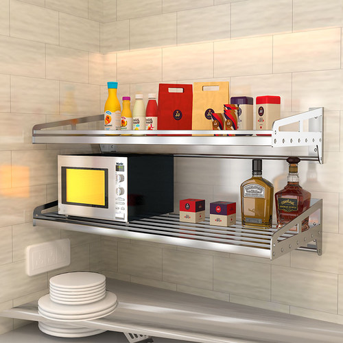 加厚厨房方管置物架304不锈钢1层墙上烤箱支架壁挂式微波炉收纳层