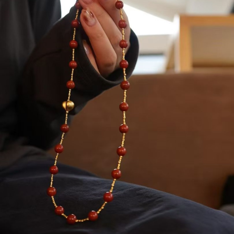 925纯银镀金天然满肉南红项链