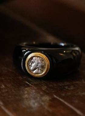 天然黑玛瑙太阳神阿波罗银币戒指