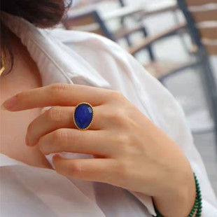 白蓝小众设计感925银镀金天然珍珠阿富汗青金石戒指时尚首饰套装