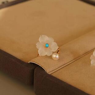 原创设计银镀金天然绿松磨砂白水晶戒指耳钉套装小众高级感食指戒