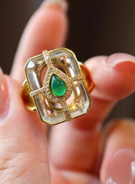 银镀金天然白水晶绿玛瑙戒指