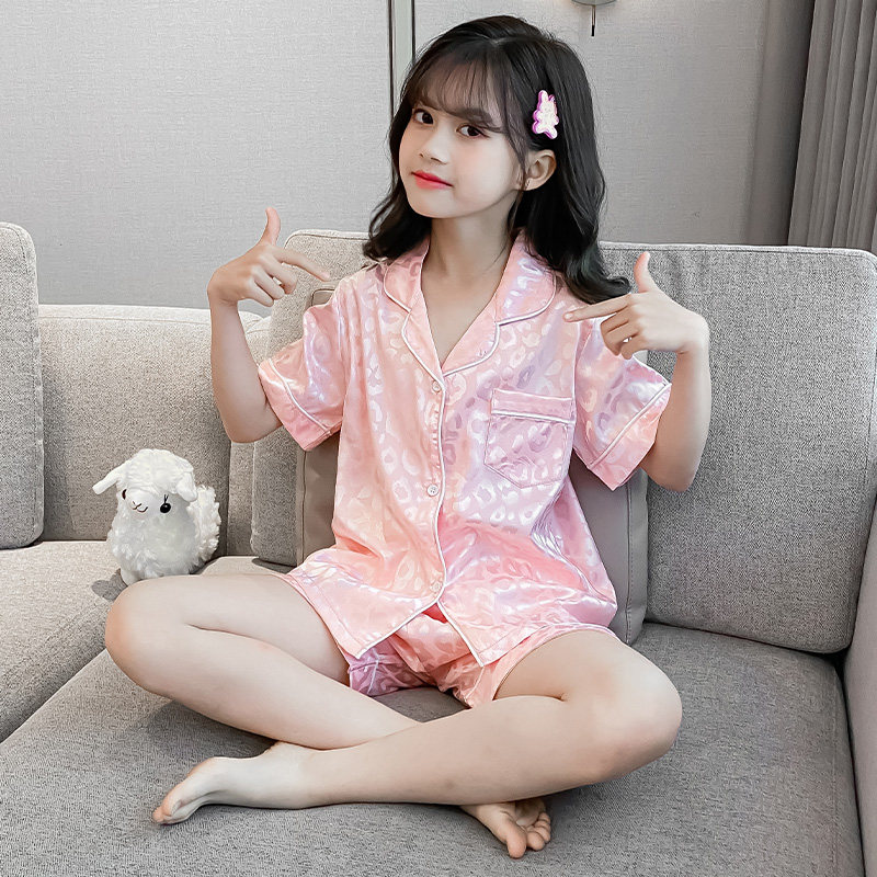 女童夏季冰丝短袖短裤睡衣套装