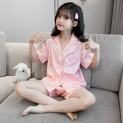 女童睡衣夏季冰丝短袖短裤儿童女孩夏款中大童薄款夏天家居服套装