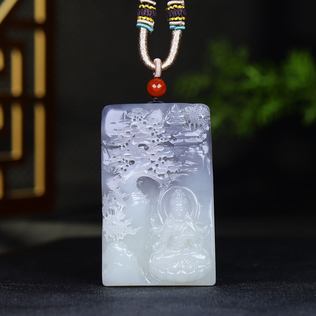 (古晨珠宝)青海和田玉烟紫观音山水挂件玉牌玉坠103g庄雪冬大师