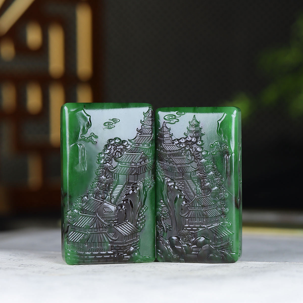（古晨珠宝）俄罗斯和田玉菠菜绿碧玉山水挂件玉牌吊坠玉坠94g
