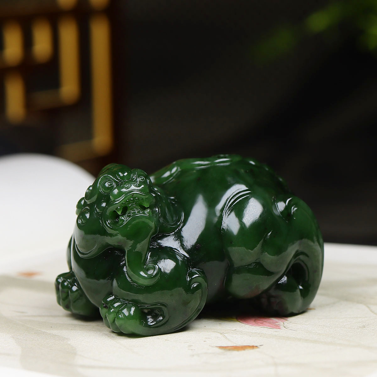 （古晨珠宝）俄罗斯和田玉碧玉貔貅手把件手玩摆件瑞兽赐福223g