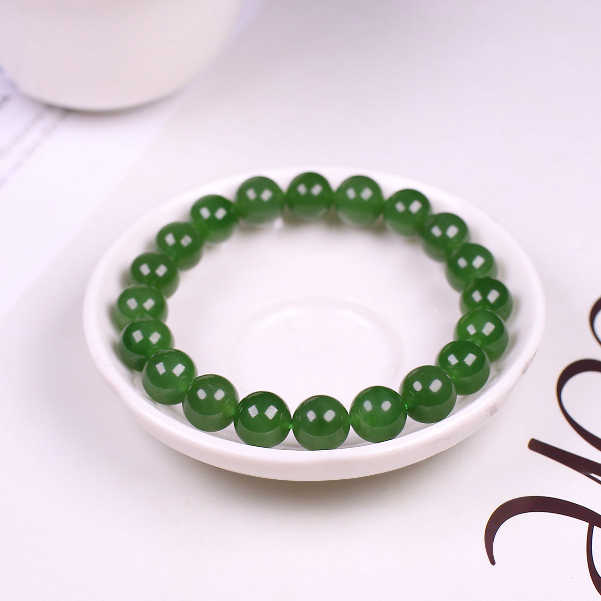 （古晨珠宝）俄罗斯和田玉阳绿碧玉圆珠手串润玉缘手链28g9mm