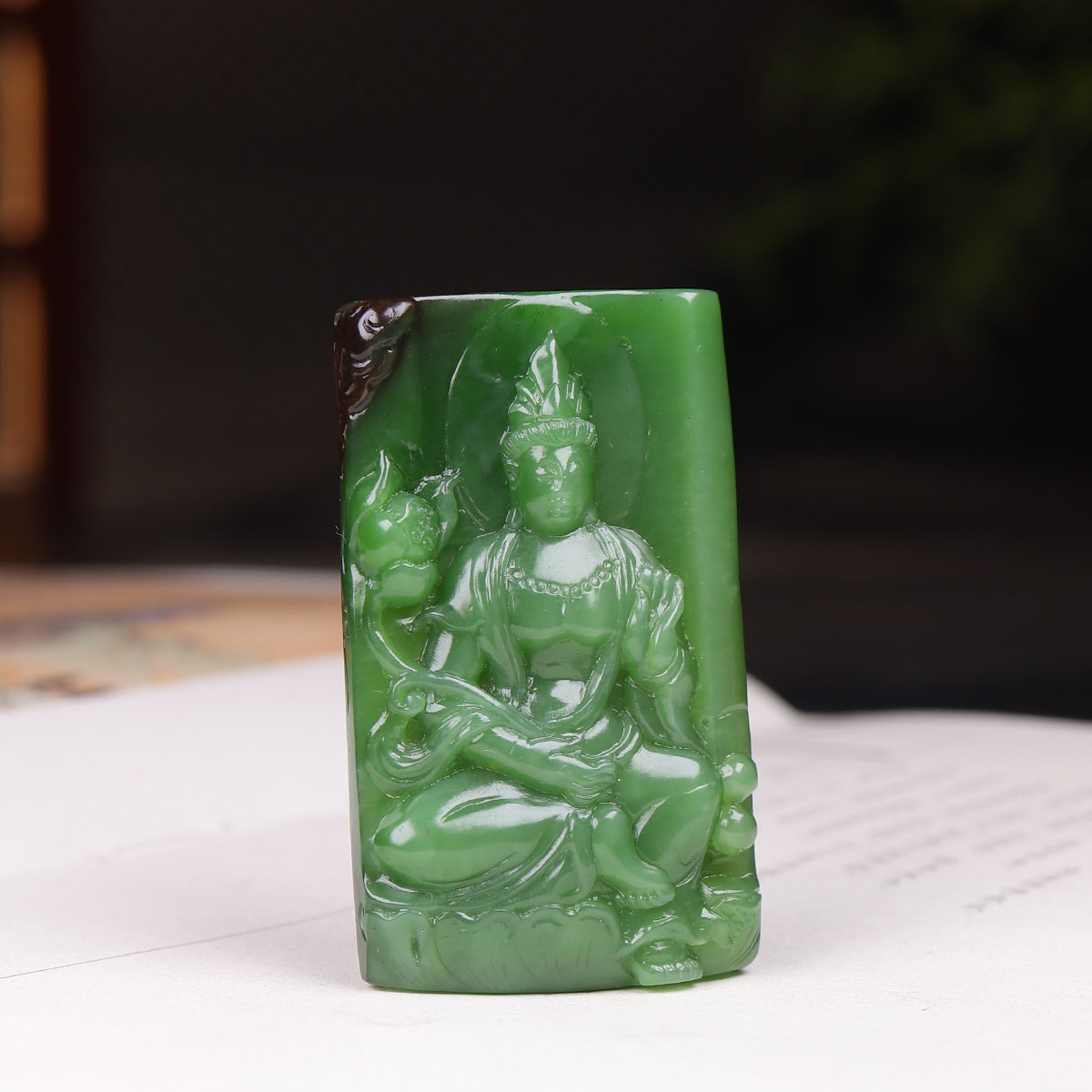 (古晨珠宝) 俄罗斯和田玉阳绿碧玉观音玉牌挂件吊坠观音护佑40g