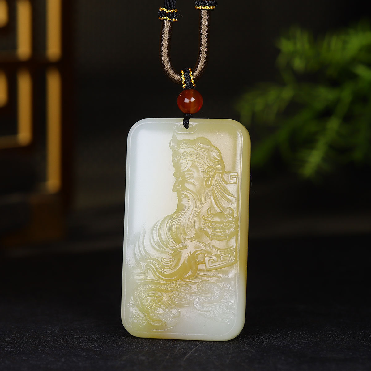 （古晨珠宝）新疆和田玉糖白玉关公挂件吊坠玉坠玉牌义薄云天91g