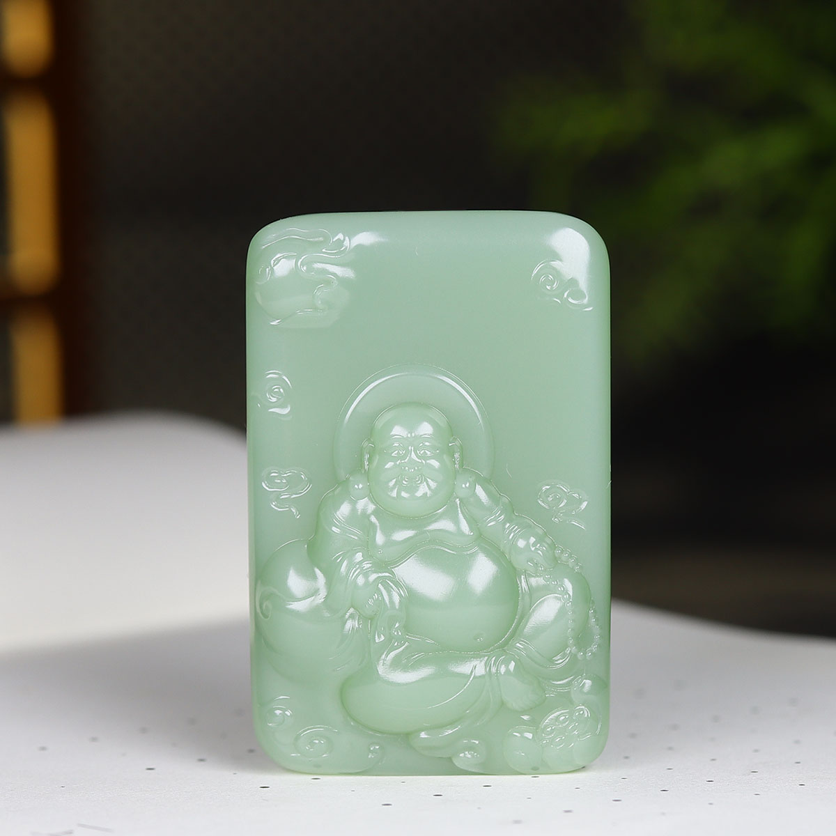 (古晨珠宝) 俄罗斯和田玉粉青碧玉弥勒佛挂件吊坠玉坠玉牌 65g