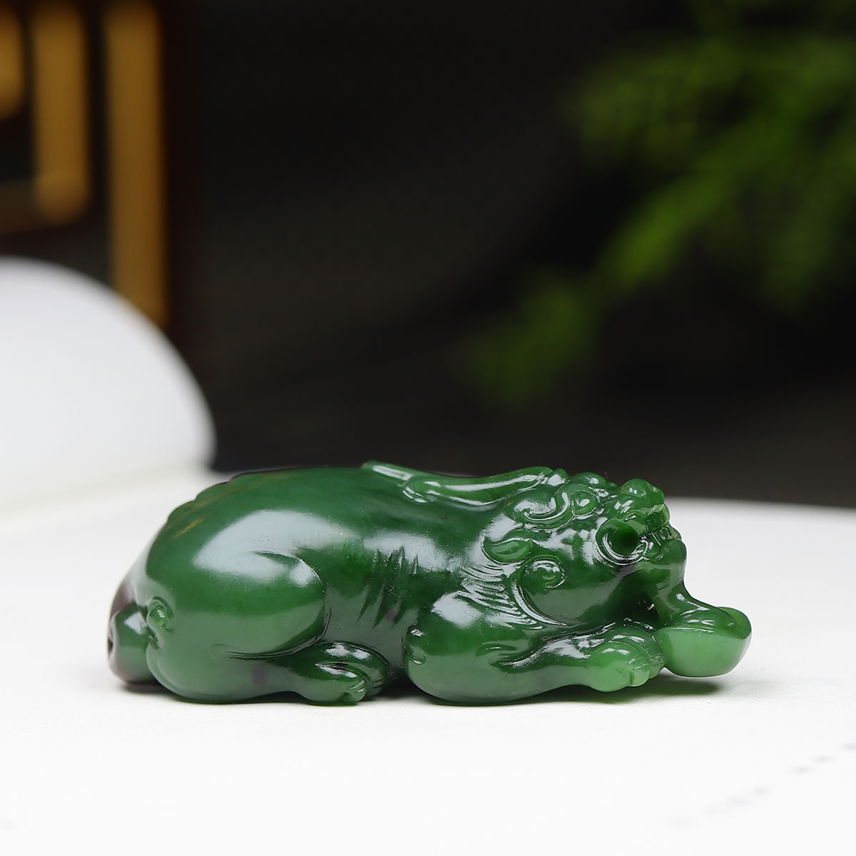 （古晨珠宝）俄罗斯和田玉碧玉貔貅手把件手玩摆件瑞兽赐福54g