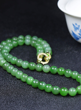 （古晨珠宝）俄罗斯和田玉碧玉圆珠项链毛衣链诸事如意49g8mm