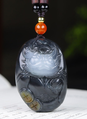 (古晨珠宝)新疆和田玉青花籽料钟馗手把件手玩天官赐福72g