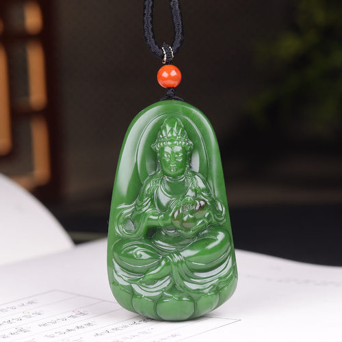 (古晨珠宝) 俄罗斯和田玉老坑粉绿碧玉观音挂件玉坠吊坠57g