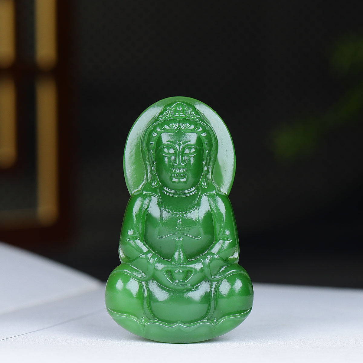 (古晨珠宝)俄罗斯和田玉阳绿碧玉净瓶观音挂件吊坠玉坠18g