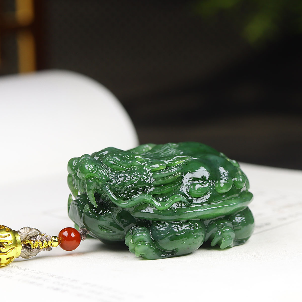(古晨珠宝) 俄罗斯和田玉碧玉龙龟手把件手玩件荣归110g