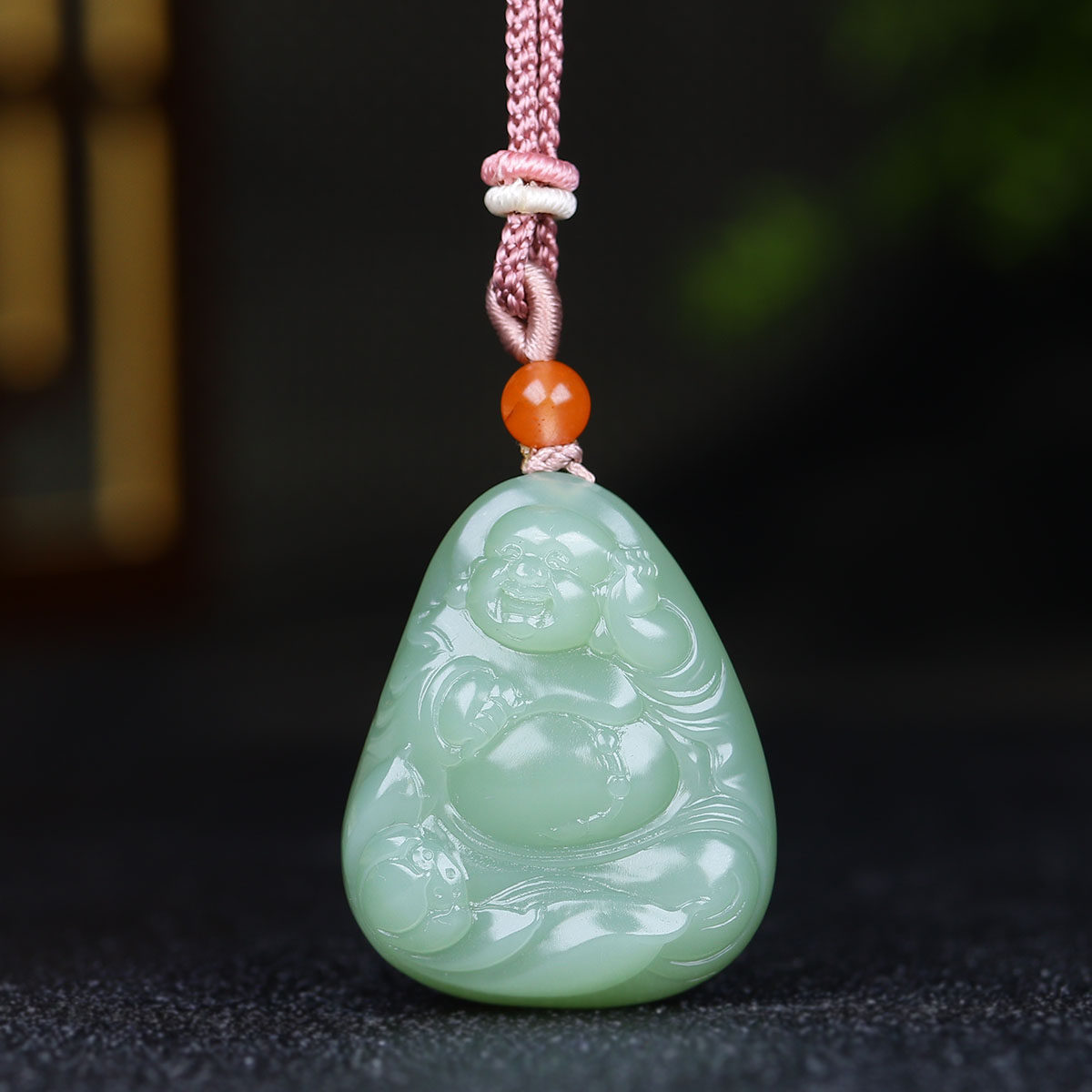 (古晨珠宝)俄罗斯和田玉粉青碧玉弥勒佛挂件吊坠玉坠天生福相16g