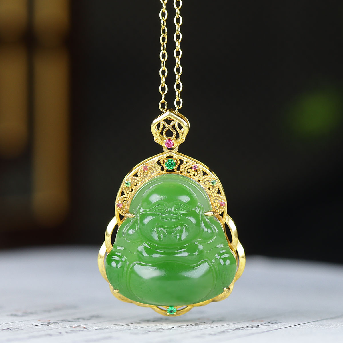 （古晨珠宝）俄罗斯和田玉阳绿碧玉18k弥勒佛挂件吊坠玉坠3g