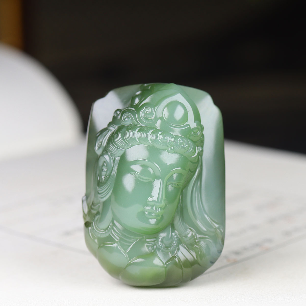 (古晨珠宝)俄罗斯和田玉猫眼碧玉观音挂件玉坠观音护佑33g
