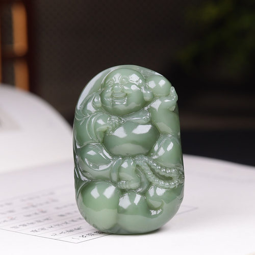 (古晨珠宝) 俄罗斯和田玉粉青碧玉弥勒佛挂件吊坠玉坠有福之相78g