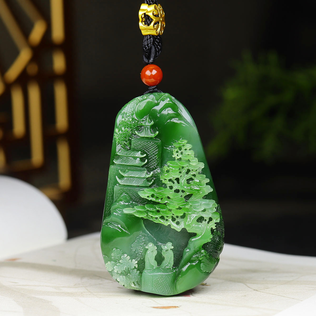 (古晨珠宝)俄罗斯和田玉碧玉山水挂件吊坠玉坠玉牌富居山水89g