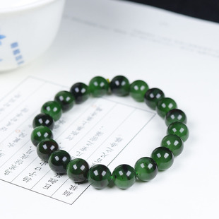俄罗斯和田玉菠菜绿碧玉圆珠手串手链珠连富贵27g9 古晨珠宝