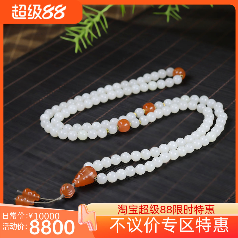 （古晨珠宝）新疆和田玉白玉米达料圆珠项链毛衣链珠连富贵94g8mm