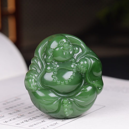 (古晨珠宝) 俄罗斯和田玉粉绿碧玉弥勒佛挂件玉坠吊坠笑口常开71g