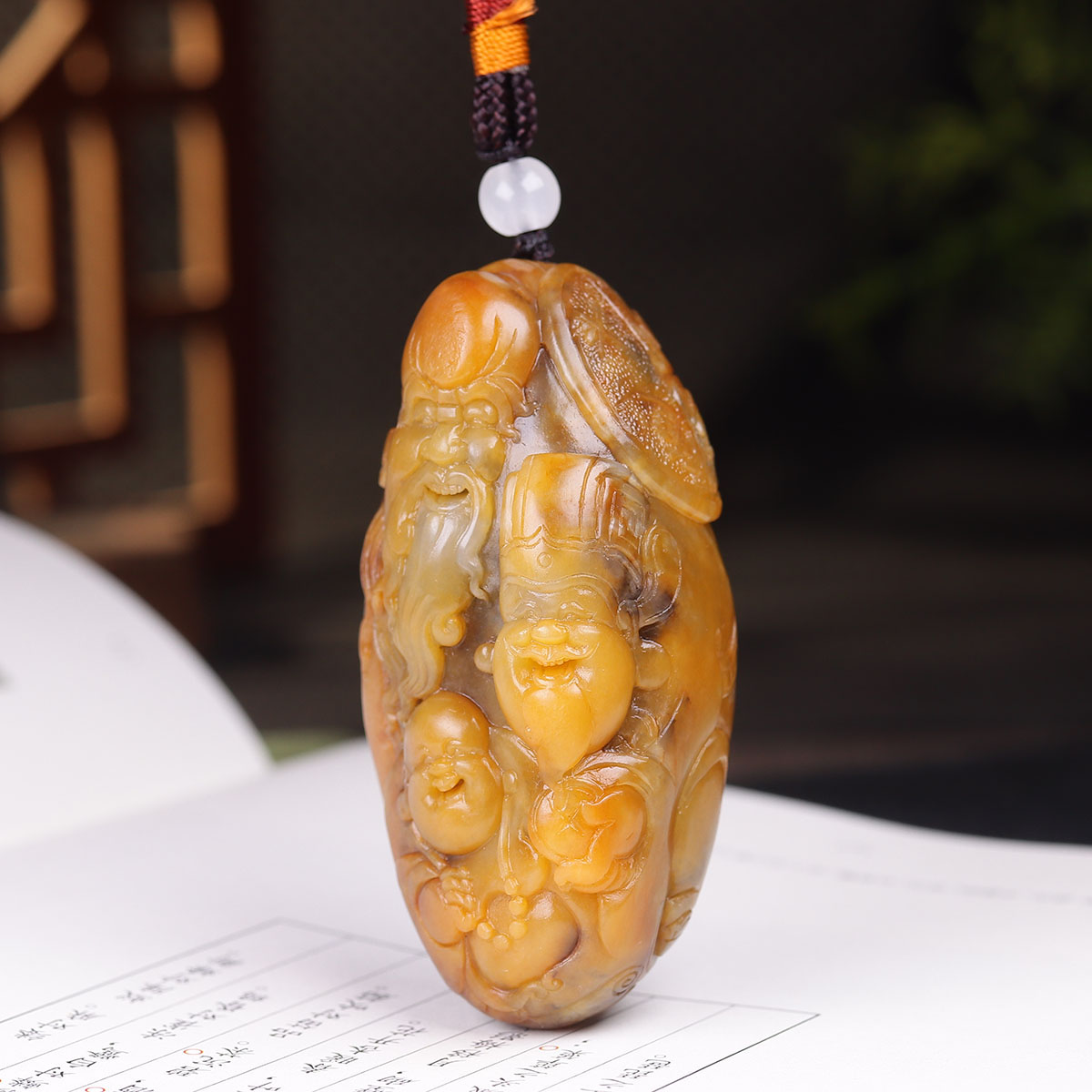 (古晨珠宝)新疆和田玉黄沁籽料独籽三喜把件手玩福禄寿136g