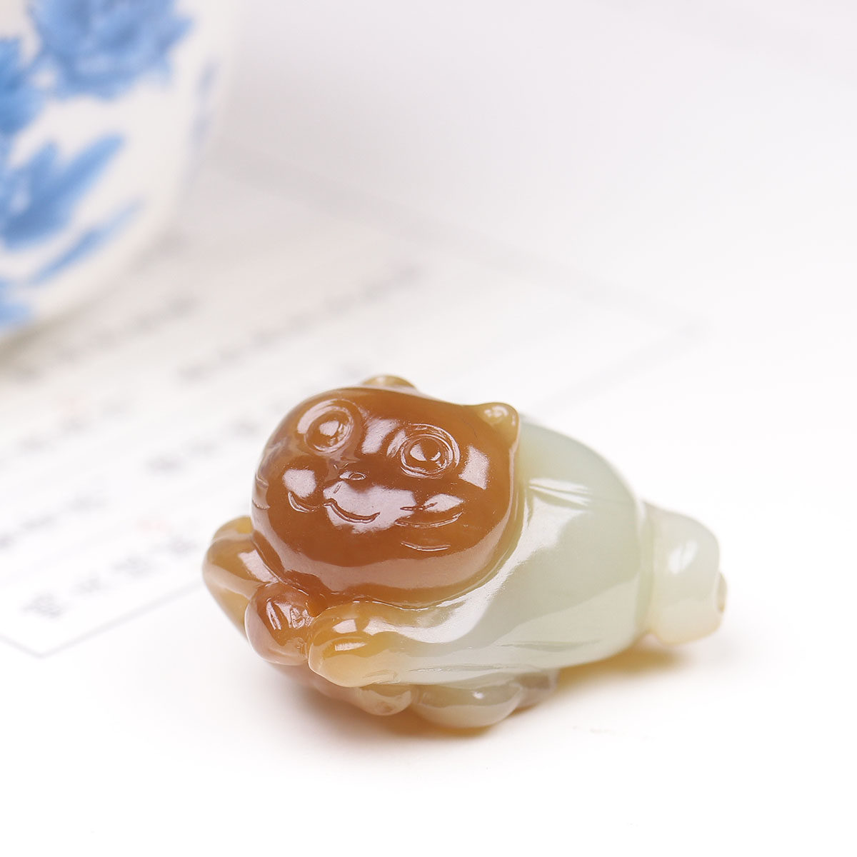 （古晨珠宝）新疆和田玉且末糖白玉招财猫挂件吊坠22g