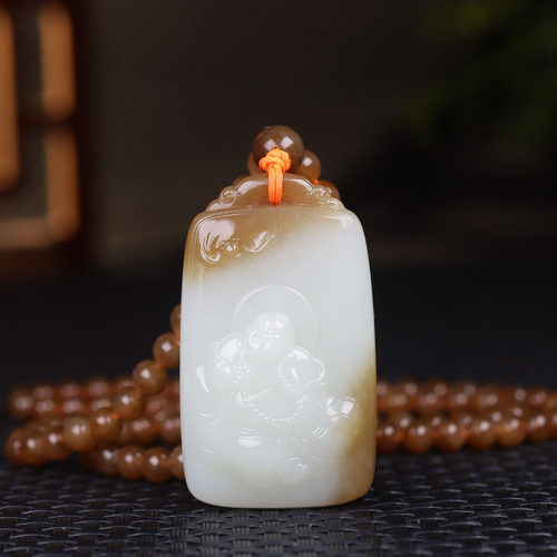 （古晨珠宝)新疆和田玉且末糖白玉弥勒佛挂件吊坠玉坠有福相伴34g