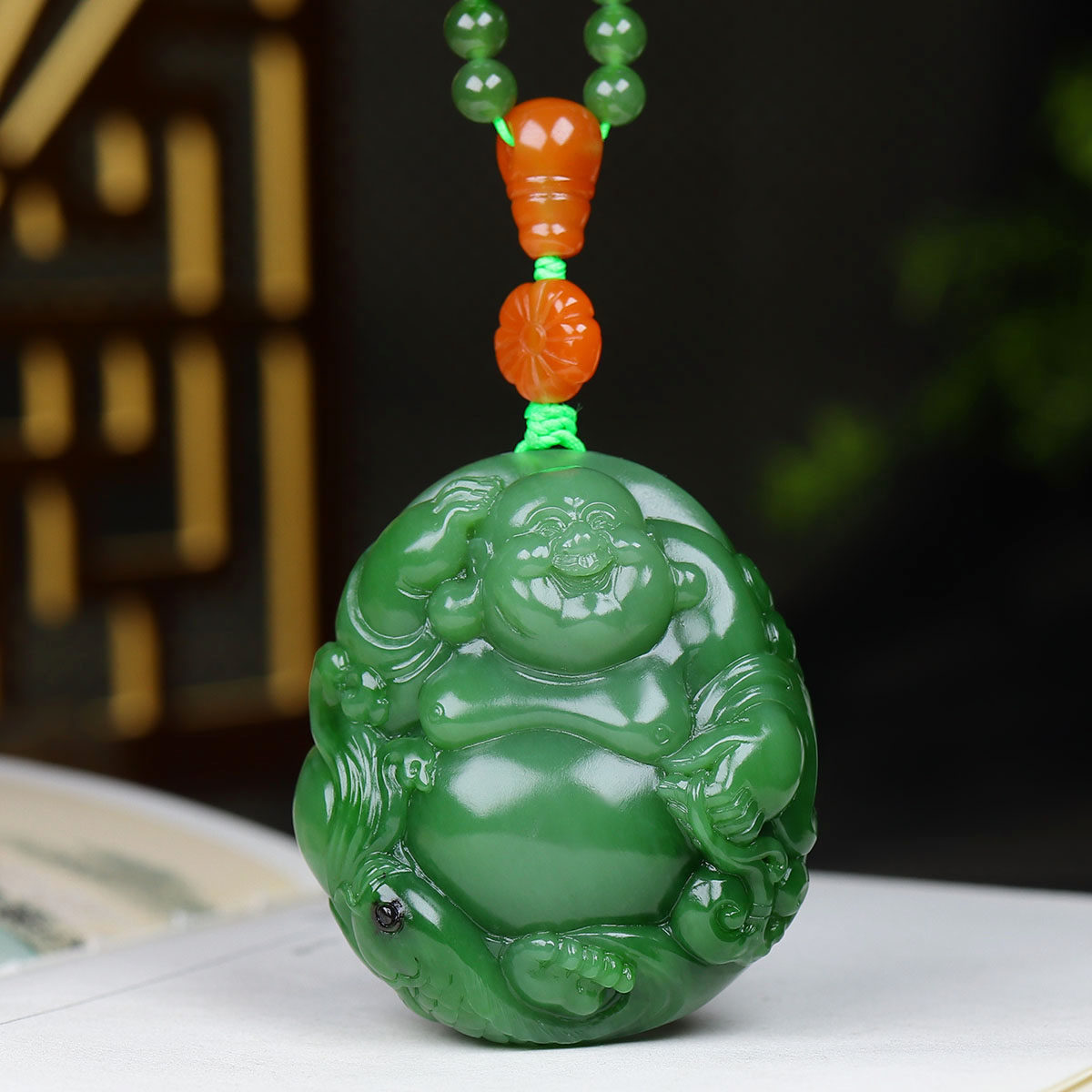 （古晨珠宝）俄罗斯和田玉粉绿碧玉弥勒佛手把件手玩天生福相103g