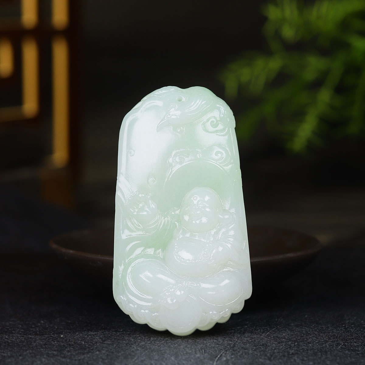 (古晨珠宝)青海和田玉翠青弥勒佛挂件吊坠玉坠天生福相83g