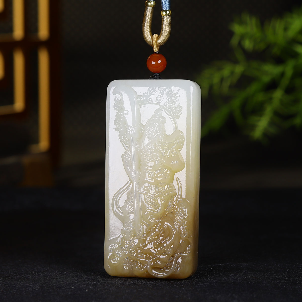 （古晨珠宝）新疆和田玉糖白玉关公挂件吊坠玉坠玉牌义薄云天136g