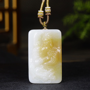 （古晨珠宝）新疆和田玉糖白玉关公挂件吊坠玉坠玉牌义薄云天52g