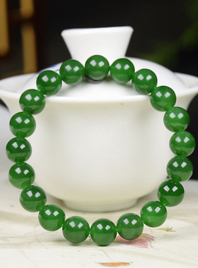 （古晨珠宝）俄罗斯和田玉阳绿碧玉圆珠手串手链诸事如意25g9mm