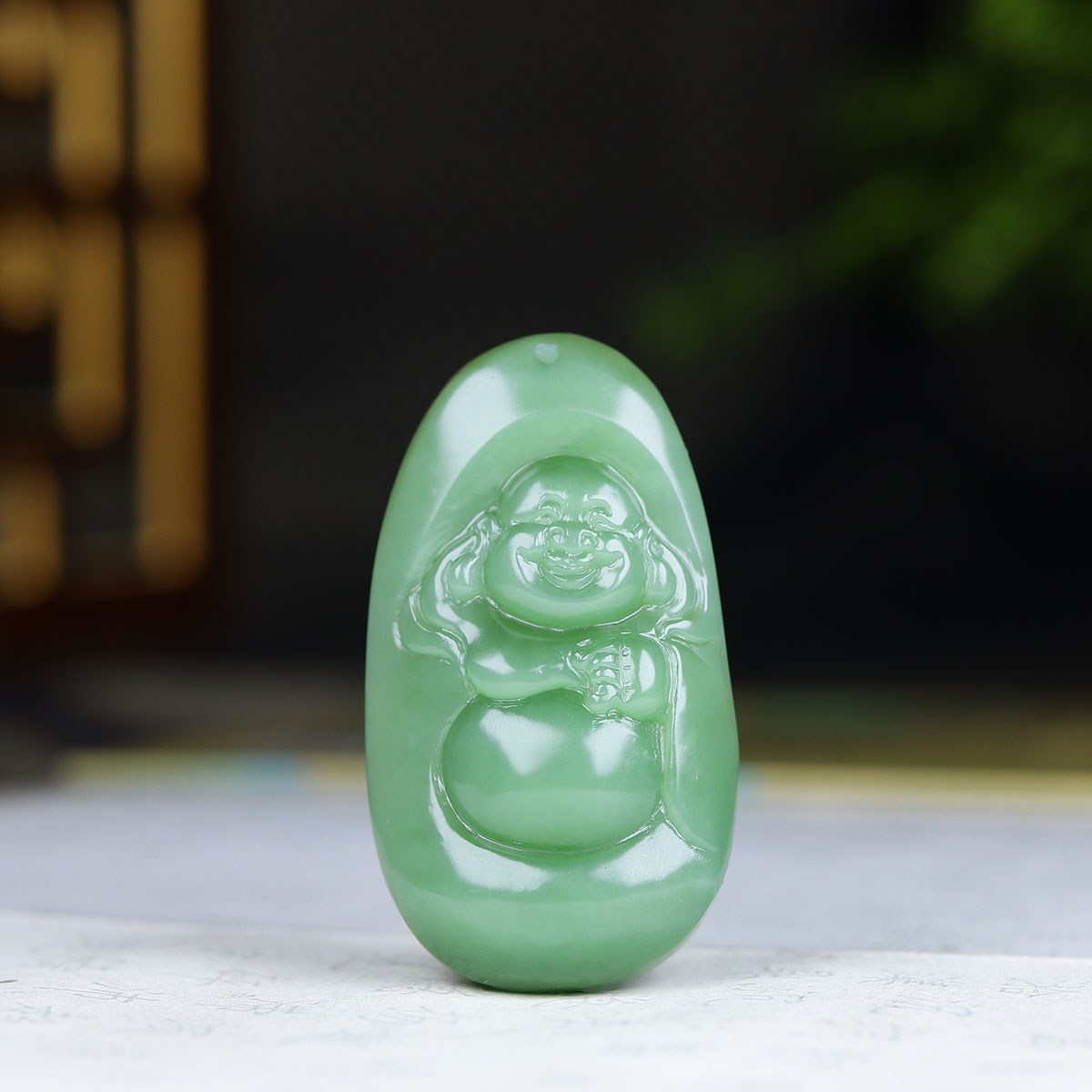 （古晨珠宝）俄罗斯和田玉碧玉弥勒佛挂件吊坠玉坠天生福相24g