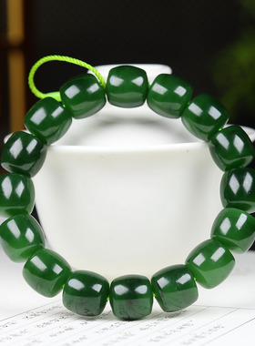 (古晨珠宝)俄罗斯和田玉菠菜绿碧玉手串手链珠连富贵63g12mm