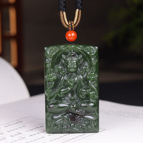 （古晨珠宝）俄罗斯和田玉菠菜绿碧玉藏传观音牌挂件吊坠玉坠56g