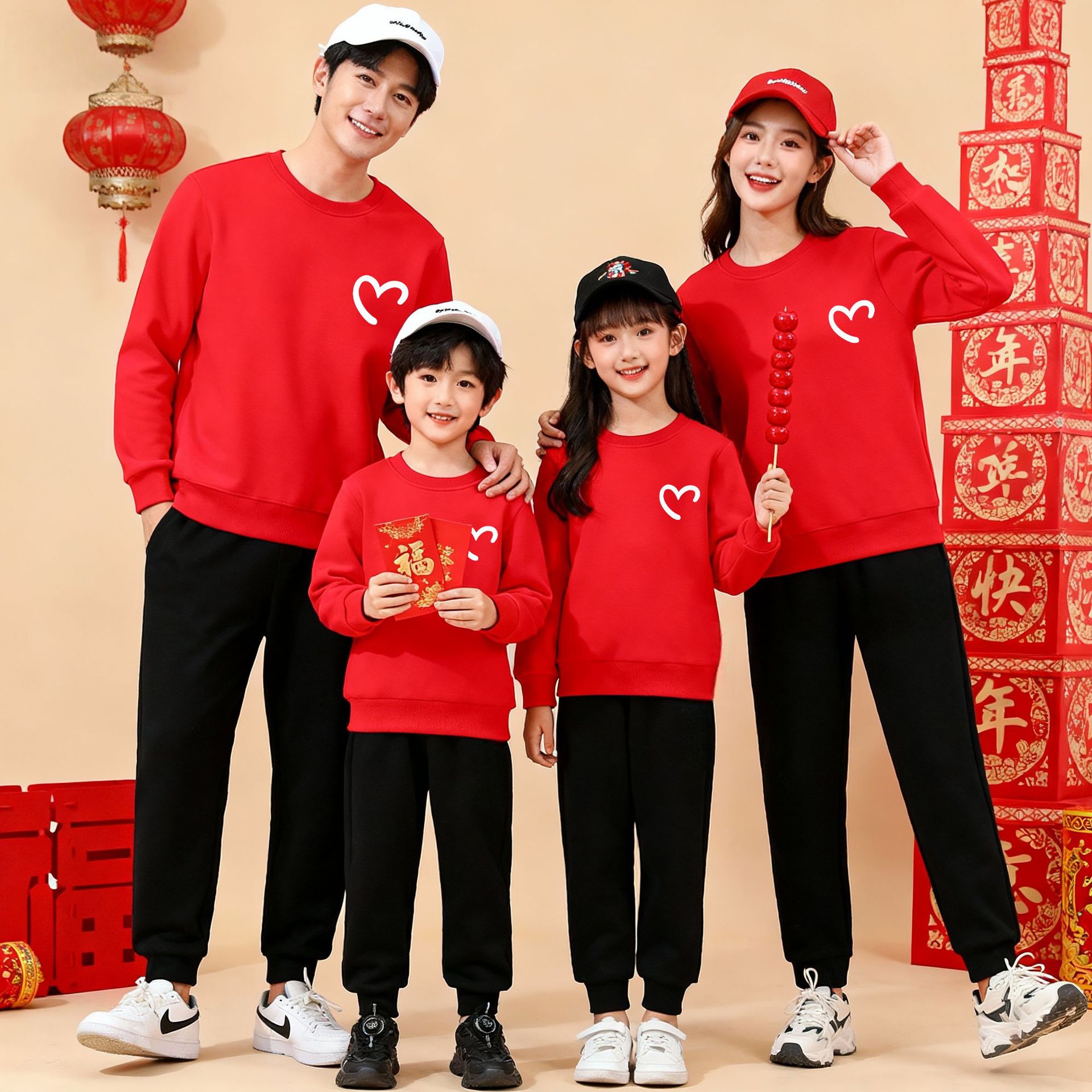 幼儿园小学初中运动会一家三口四口亲子装秋冬加绒连帽卫衣过年服