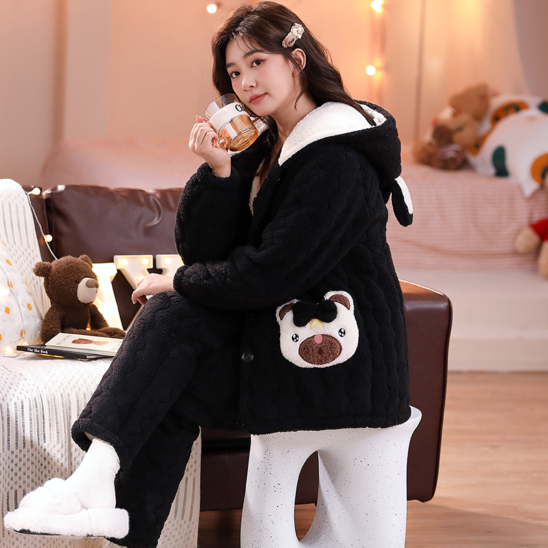 2025冬季新款女士珊瑚绒加绒加厚三次夹棉睡衣套装可爱保暖家居服